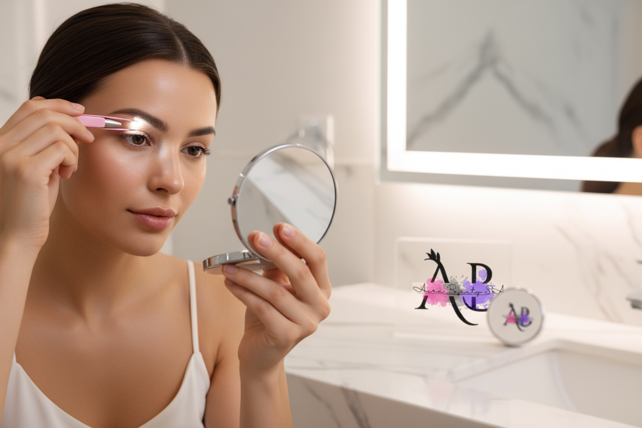 Woman Using LED Tweezer with Free Mirror